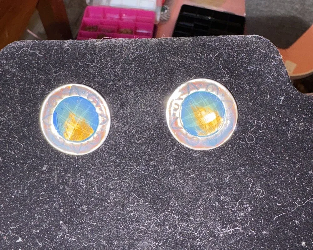 Silver-Tone Blue and Gold Round Earings